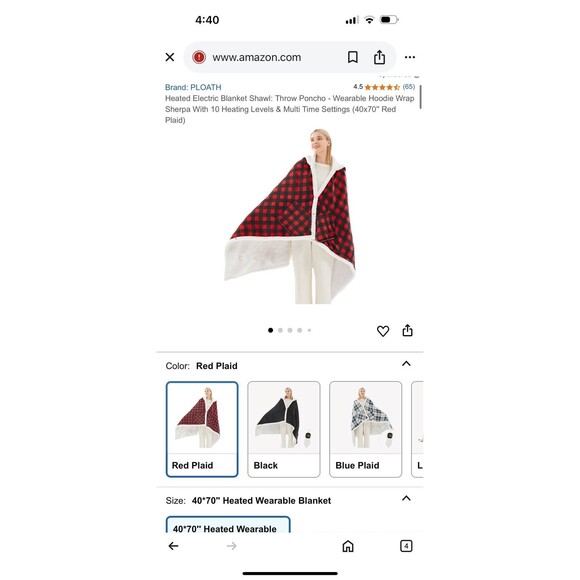 NIB Ploath Electric Blanket Shawl: Throw Poncho - Wearable Hoodie Sherpa plaid - Picture 4 of 9